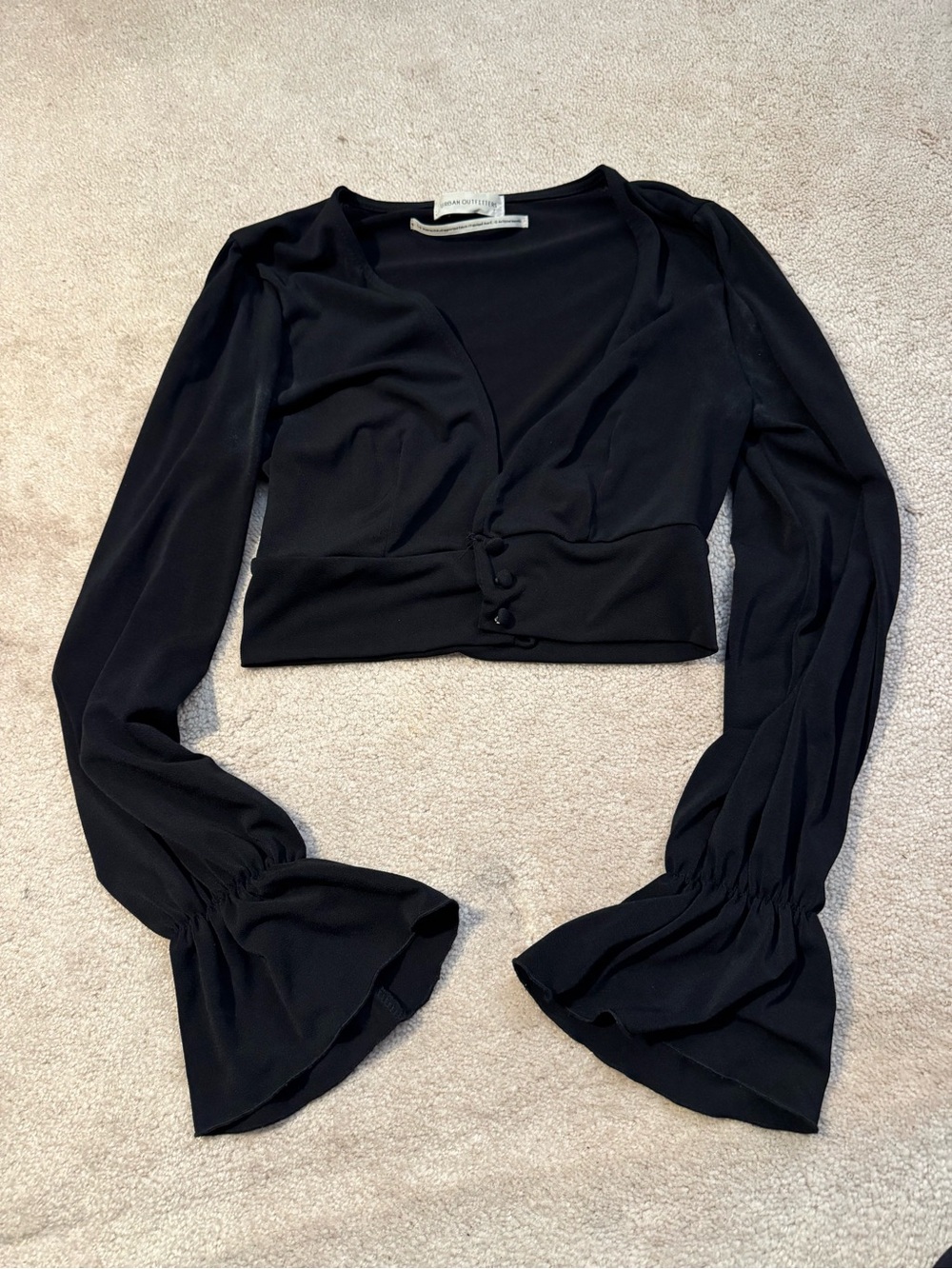 Black Long-Sleeve Cropped Blouse with Flared Cuffs